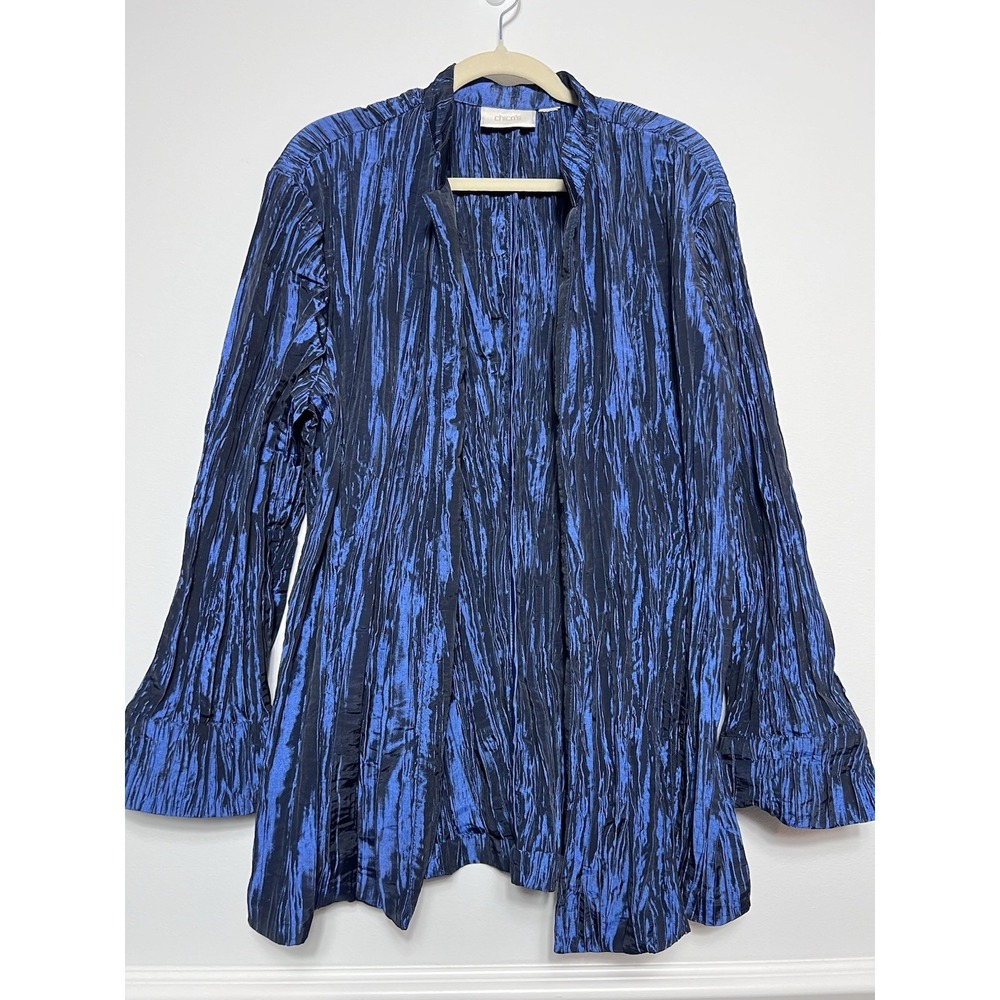 Chico's Clearly Crinkle Joria 3/4 Sleeve-Open Front Jacket (M/L) Blue-Cocktail